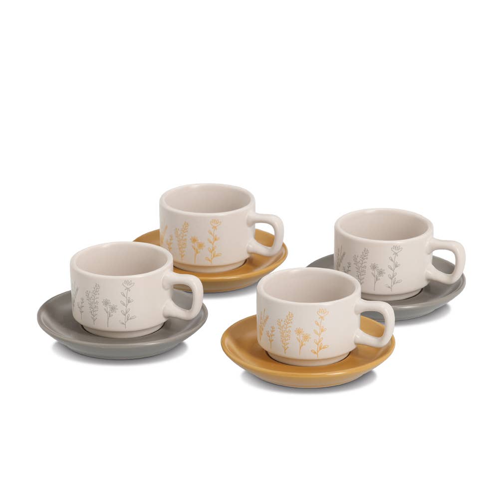 White Gray Ochre Yellow Espresso Set "Flowers", 8-Piece, Stoneware for wholesale on Faire0