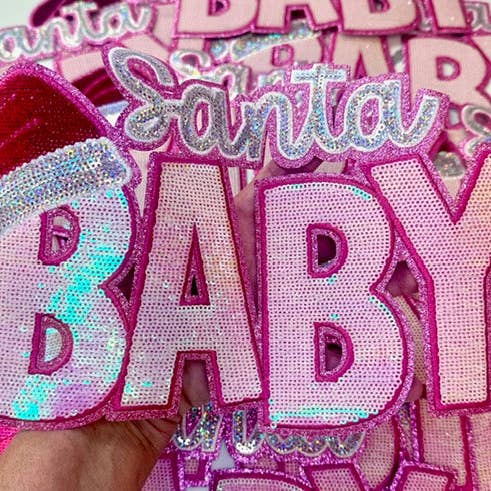 sequinandstiches - Wholesale Patch - Sequin Santa Baby, 11 inch patch, Christmas Patch, Iron On Patch, Holiday Patch, DIY Patch, Sweatshirt Patch. Pink Patch3