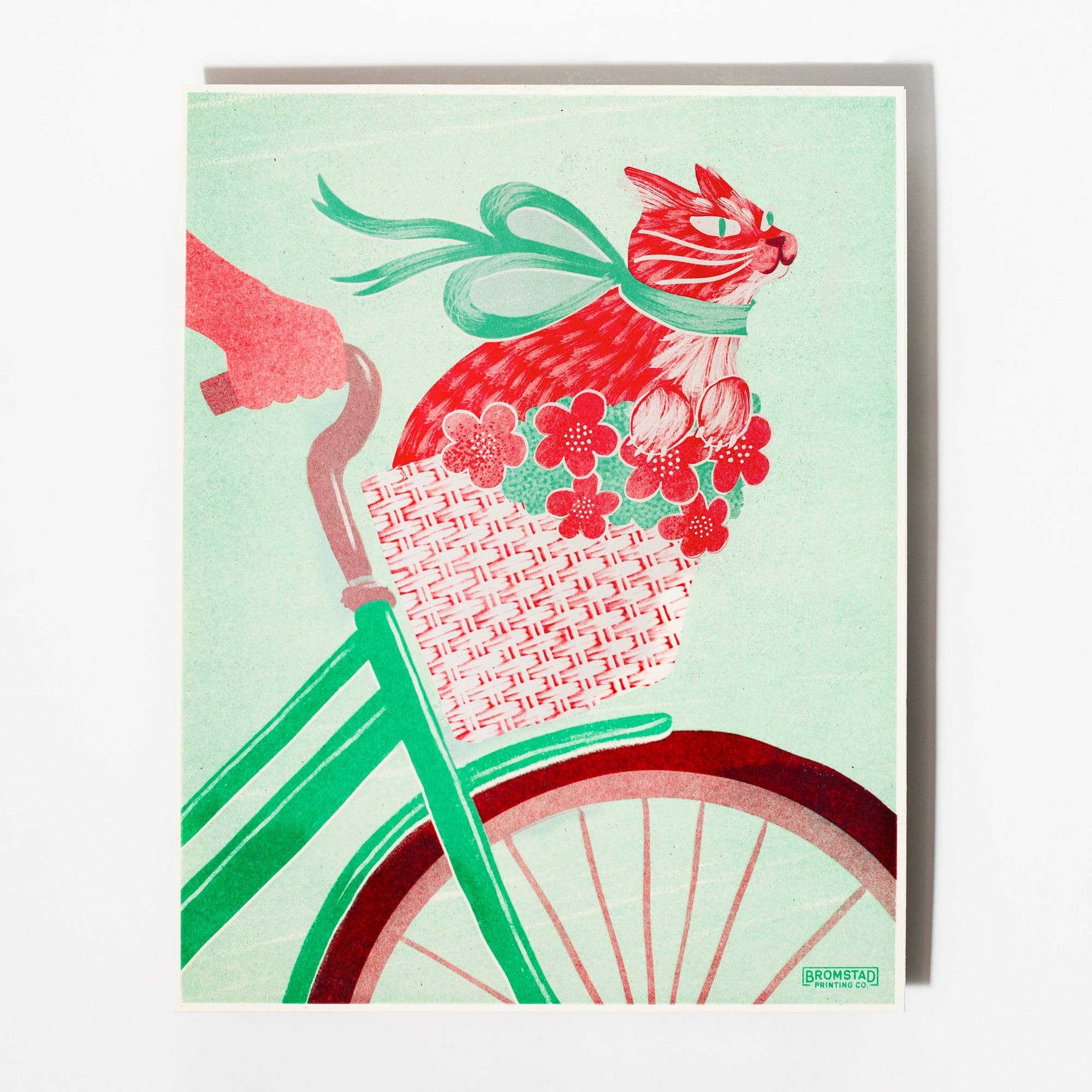 Bromstad Printing Co. - Wholesale Art Print - Cat in a Bike Basket - Risograph Print1