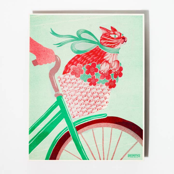 Bromstad Printing Co. - Wholesale Art Print - Cat in a Bike Basket - Risograph Print1