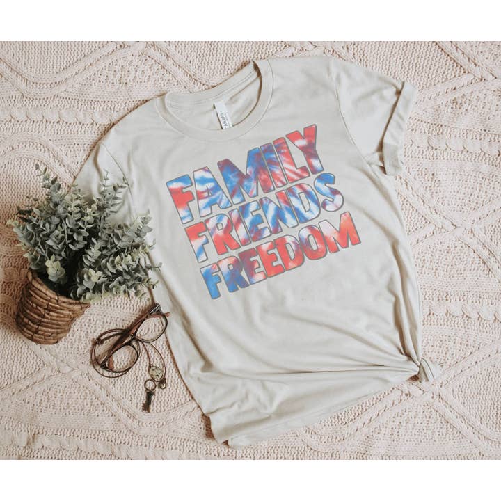 Tie Dye Family Friends Freedom | Patriotic T Shirt for wholesale by Amy Anne Apparel Inc