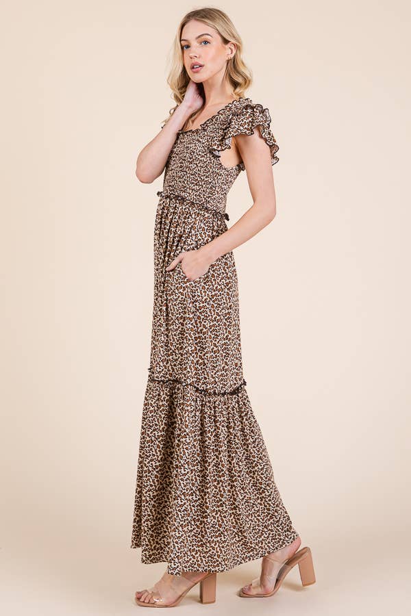 Leopard Print Ruffle Sleeve Tiered Maxi Dress for wholesale on Faire4