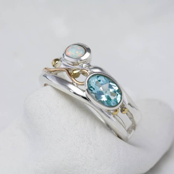 Banyan Jewellery - Wholesale Multi-Stone Ring - Handmade Blue Topaz & Opal Sterling Silver Ring 2
