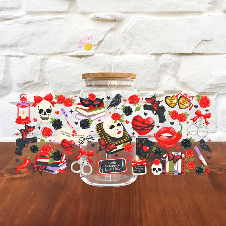 Book Lover Merch Shop – wholesale Beer glass/mug – Dark Romance Book Club 16 OZ Glass Can UV DTF WRAP / Bookish1