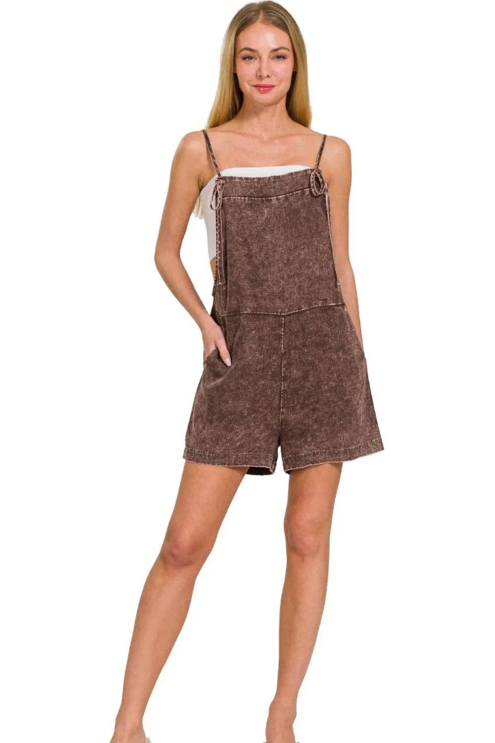 BROWN Zenana Washed Linen Knot Strap Rompers for wholesale on Faire2