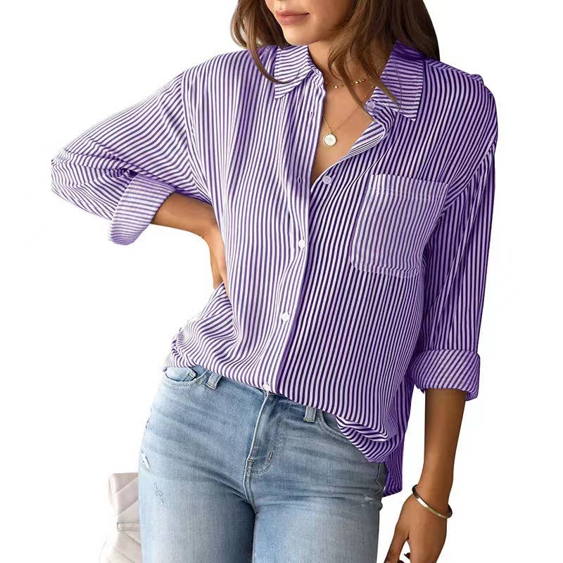Rosa Clothing - Wholesale Button Down Shirt - Women's - Loose buttons striped shirt top6
