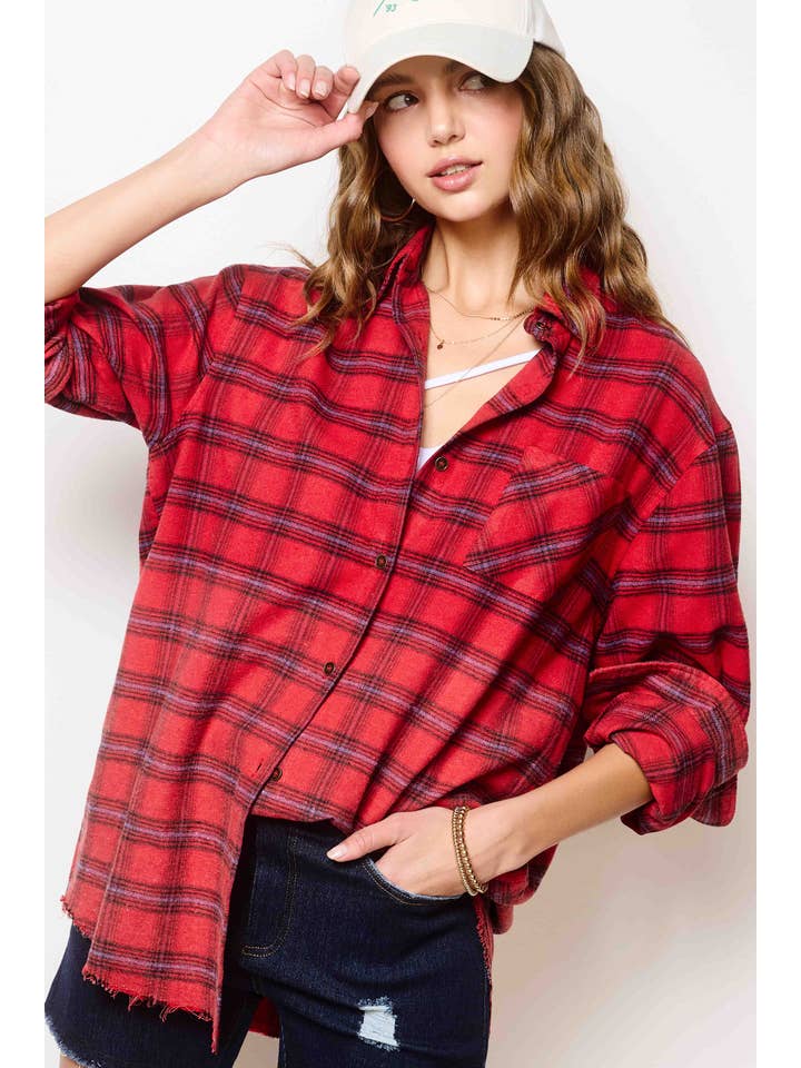 La Miel - Wholesale Buttoned-down shirt – Women's - SRT1329-Loose Fit Button Down Two-Tone Washed Plaid Shirts6