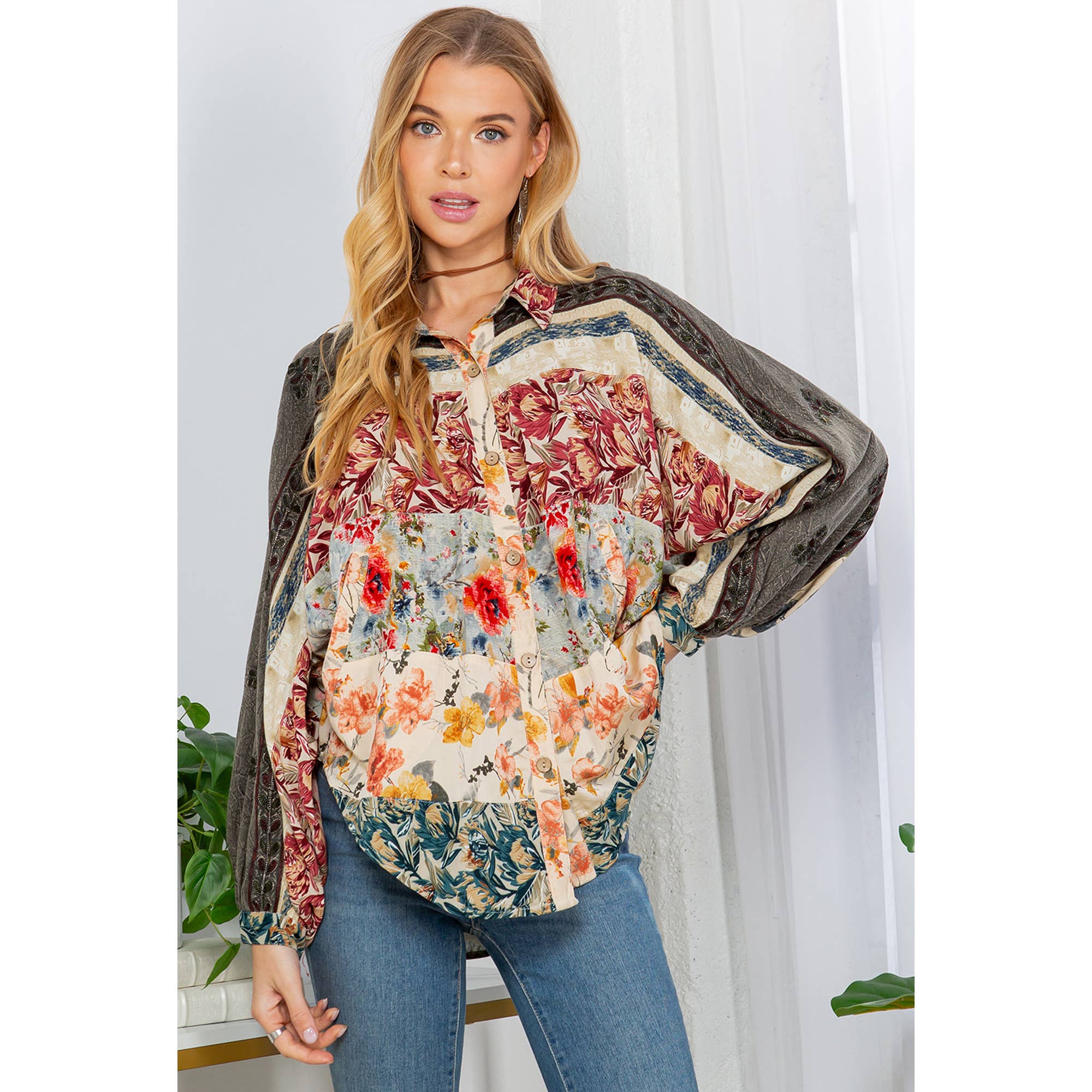 GRAVEL Bishop Sleeves Loose Western Printed Shirt Top for wholesale on Faire