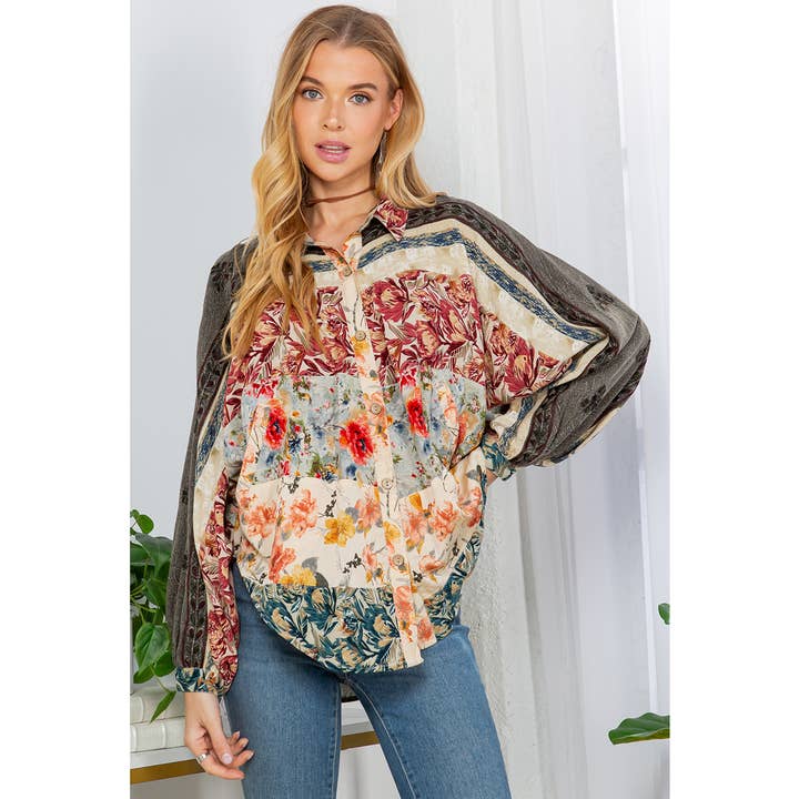 GRAVEL Bishop Sleeves Loose Western Printed Shirt Top for wholesale on Faire0