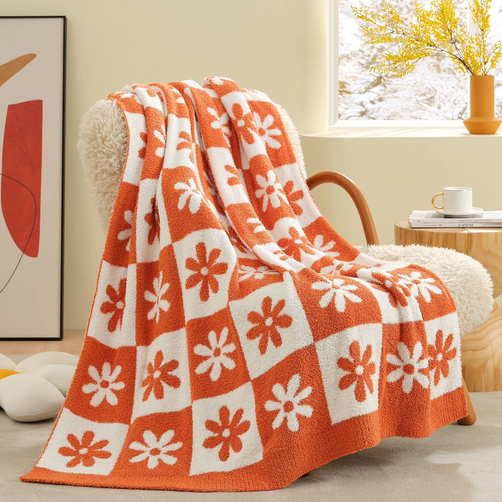 DreamValley - Wholesale Throw Blanket - SS Checkered Floral Throw Blanket Reversible Knitted Throw14