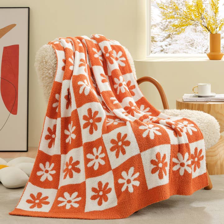 DreamValley - Wholesale Throw Blanket - SS Checkered Floral Throw Blanket Reversible Knitted Throw14