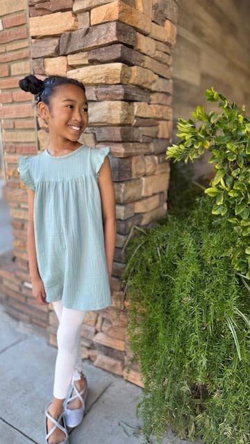 Mimi & Me - Wholesale Dress - Kids - The Charlotte- Sage- Organic Muslin Sleeveless Dress0