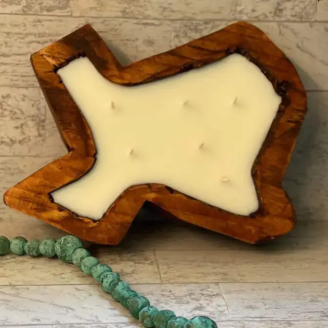 Houston Candle Company - Wholesale Jar/Filled Candle - Wood Texas Shape Dough Bowl Candle Cactus Flower

1