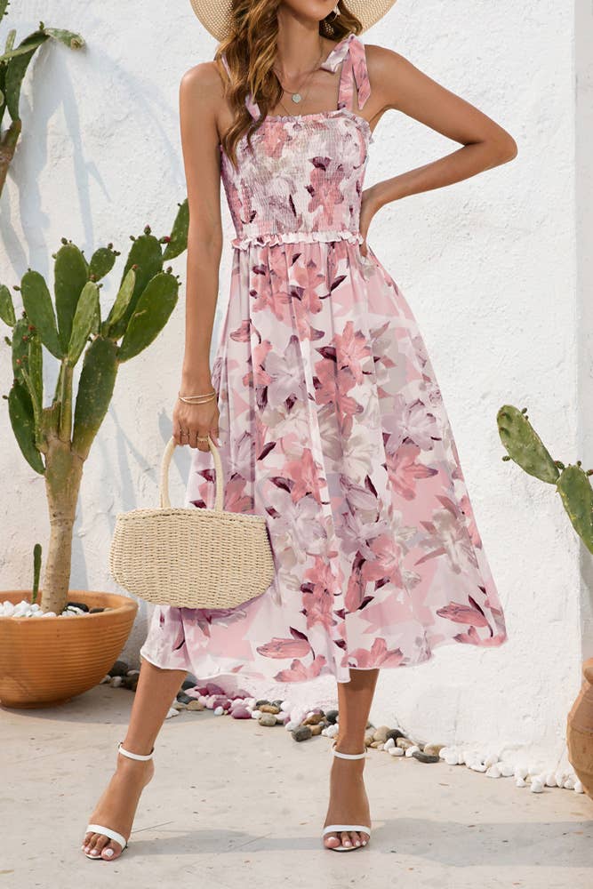 UNISHE - Wholesale Dress - Women's - Spaghetti Floral SLeeveless Smocked Dress AYY02511