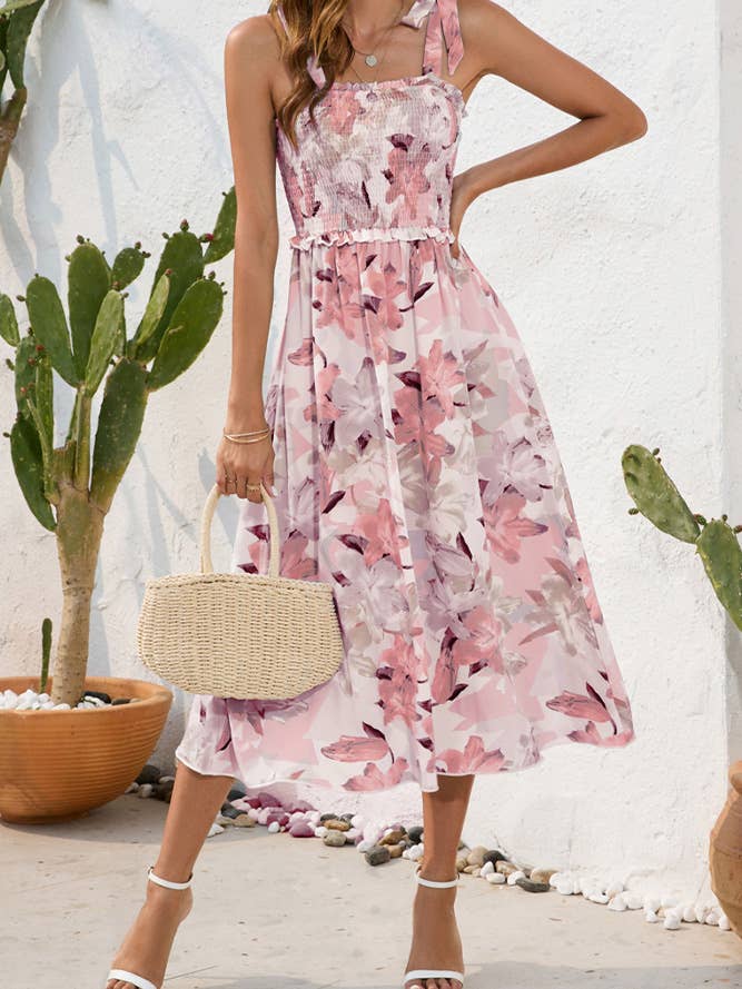 UNISHE - Wholesale Dress - Women's - Spaghetti Floral SLeeveless Smocked Dress AYY02511