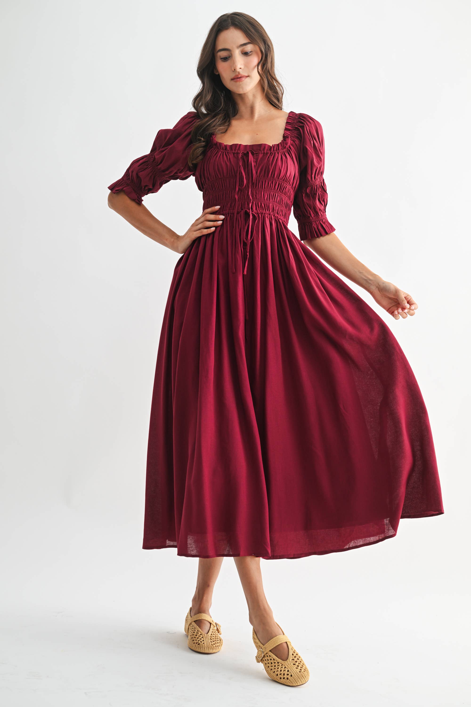 Camellia - Vente Robe – femme - ROBE MIDI ÉPAULES DÉNUDÉES SMOCKÉE AVEC JUPE PLISSÉE16