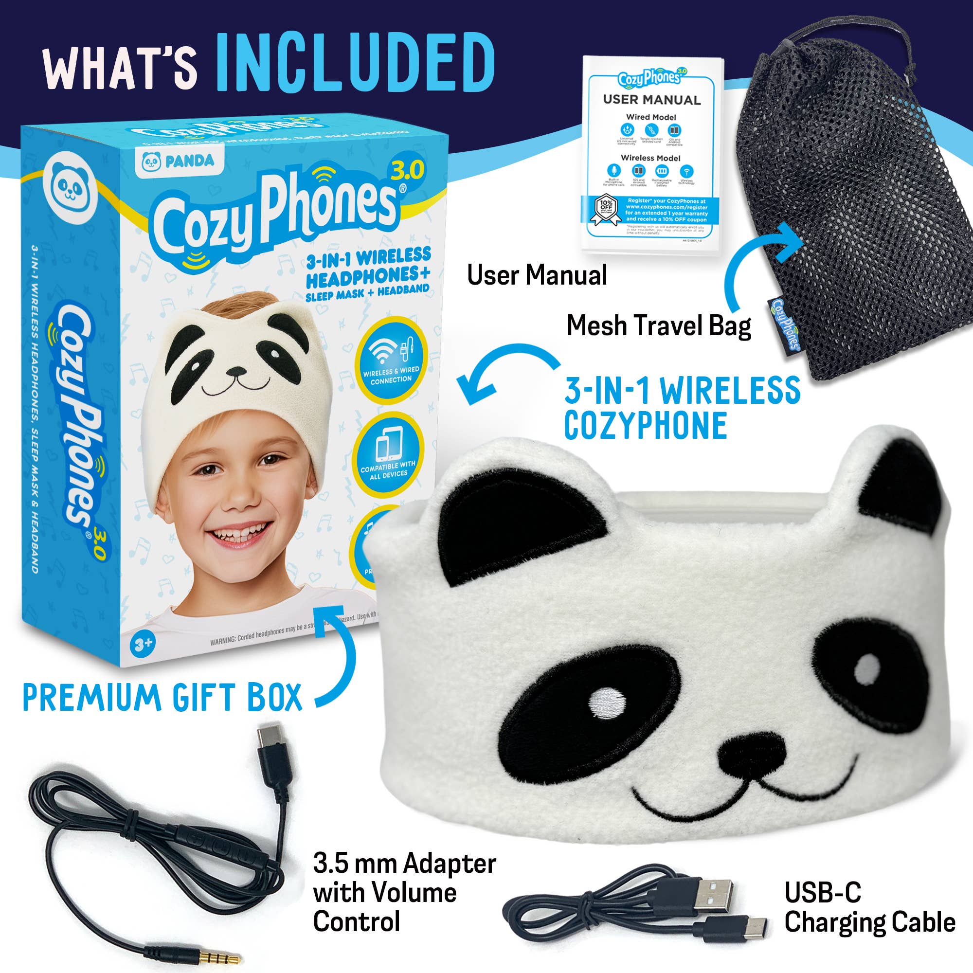 CozyPhones - Wholesale Stuffed/Plush Toy - Kids & Baby - CozyPhones Kids Headband Headphones - Case of 12 PANDA0
