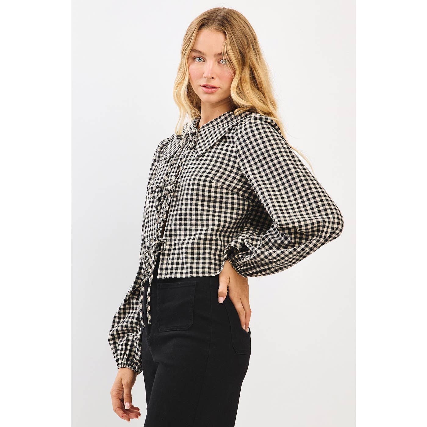 mittoshop - Wholesale Knit Top - Women's - CHECKERED TIE FRONT BIB COLLAR LONG SLEEVE TOP6