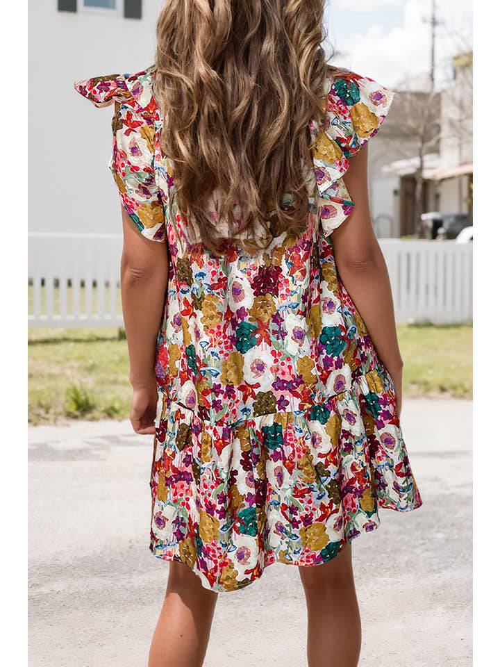 Multi Colored Floral Print Split Neck Flutter Sleeve Dress (S-XL) for wholesale on Faire