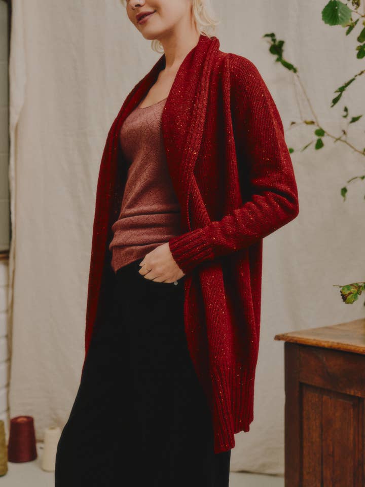 The Kent Donegal Merino Wool Cardigan in Brick Red for wholesale by OUBAS