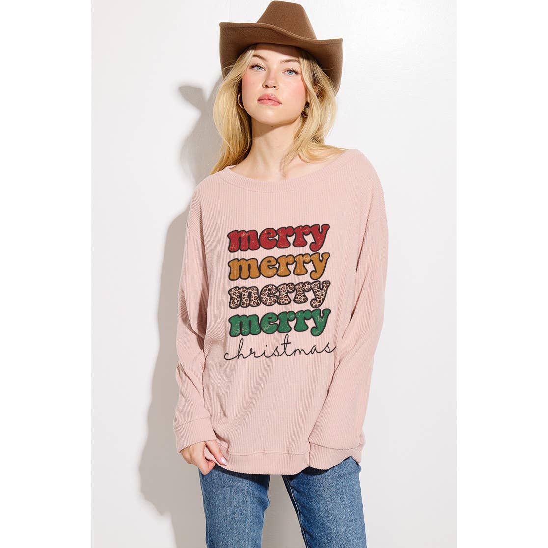 Phil Love - Wholesale Graphic Sweatshirt - Women's - Merry Christmas Print Brushed Rib Long Sleeve Top3