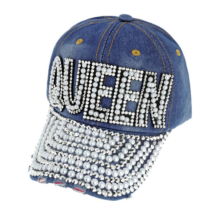 SP Sophia Collection - Wholesale Baseball Cap - Women's - Rhinestone and Pearl QUEEN Denim Baseball Cap