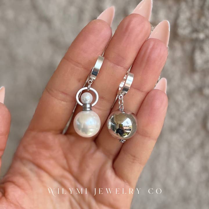 WILYMI Jewelry Co - Wholesale Dangle Earrings - AROMATHERAPY EARRINGS in Pearl + Silver | Mismatched Earring