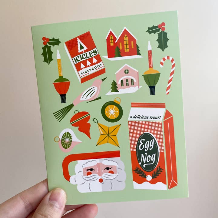 Bottlebrush Graphics - Vente Cartes de Noël - Carte de Noël rétro avec icônes de fête