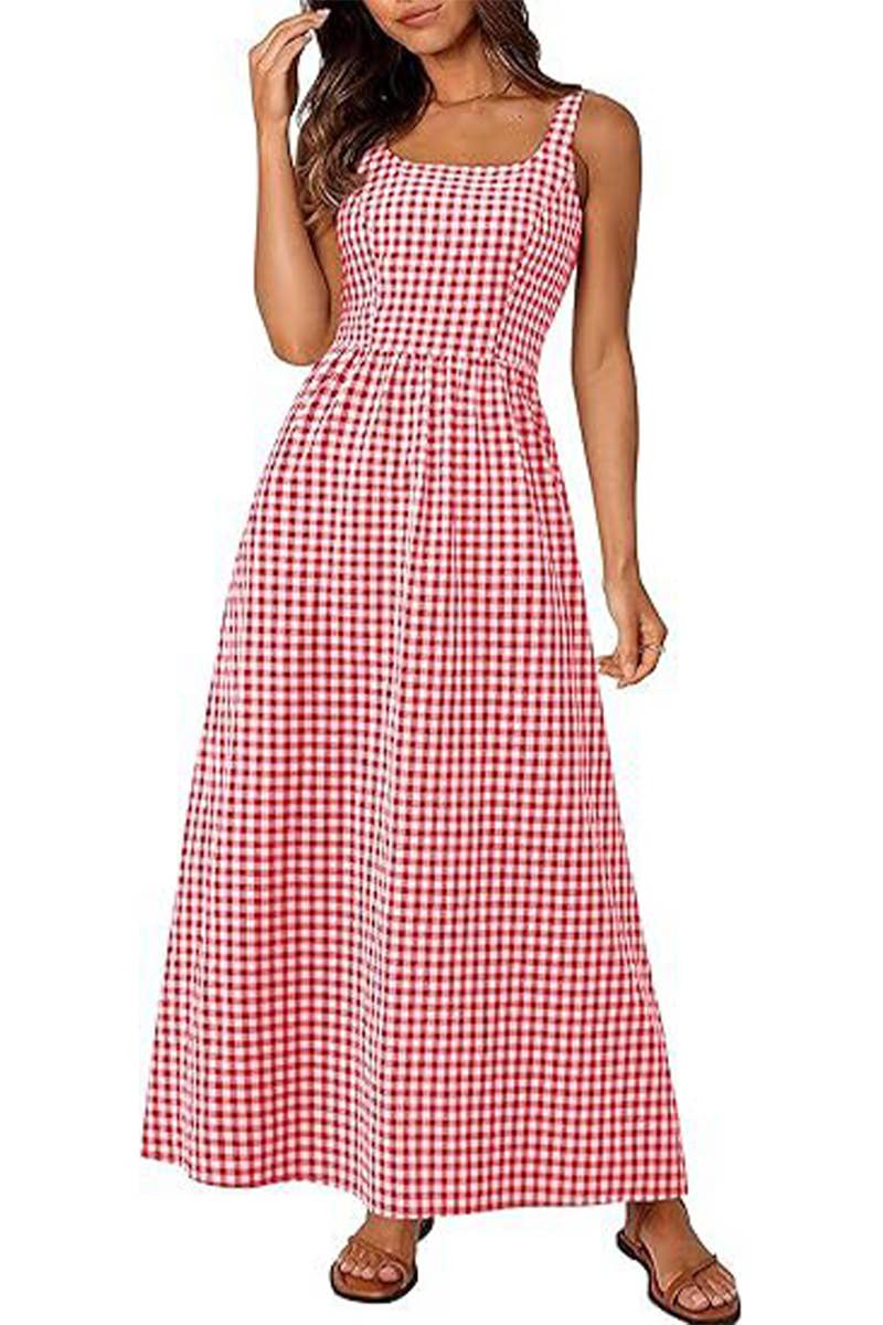 NINEXIS - Wholesale Dress - Women's - CWDHL1084_SPAGHETTI STRAP SQUARE NECK PLAID SHIRRED DRESS1