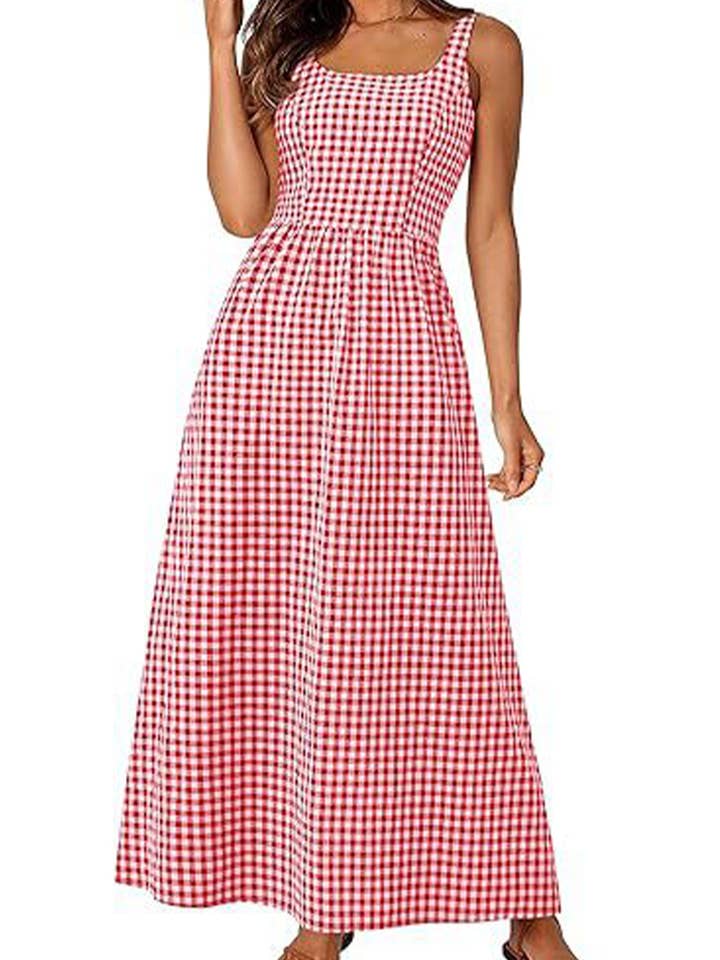 NINEXIS - Wholesale Dress - Women's - CWDHL1084_SPAGHETTI STRAP SQUARE NECK PLAID SHIRRED DRESS1