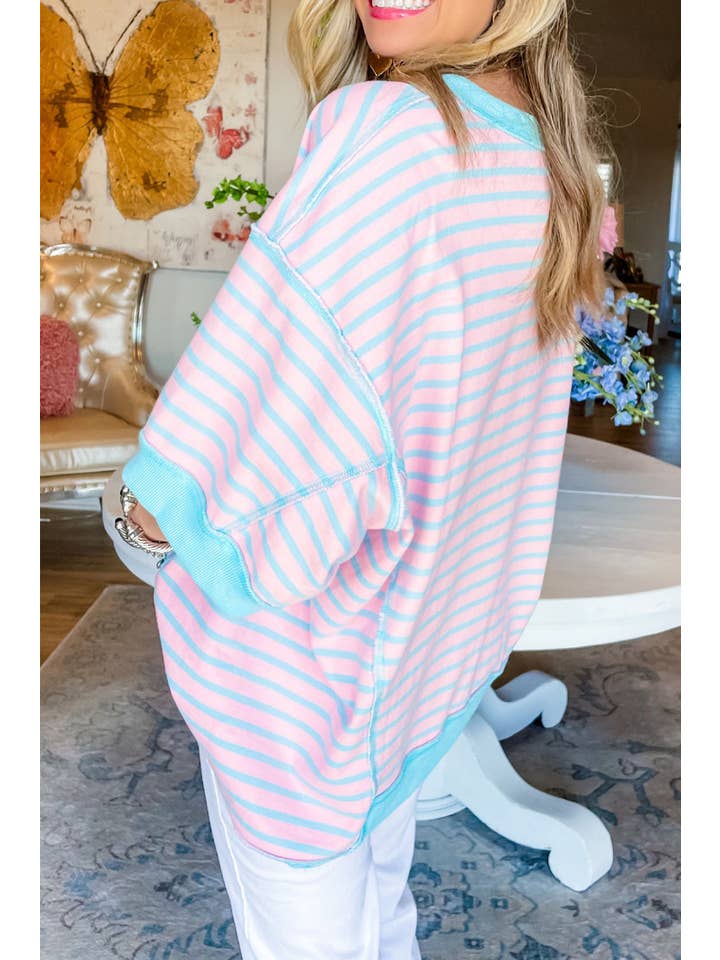 Pink Stripe Colorblock Drop Sleeve Loose Top for wholesale on Faire3