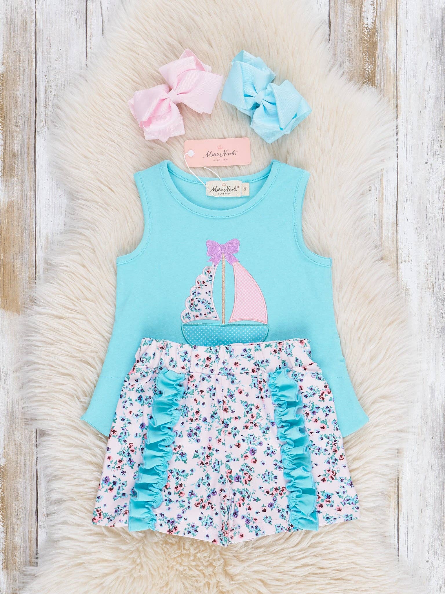 Marie Nicole Clothing - Wholesale Top & Short Set - Kids - Embroidered Sail Boats Floral Ruffle Outfit1