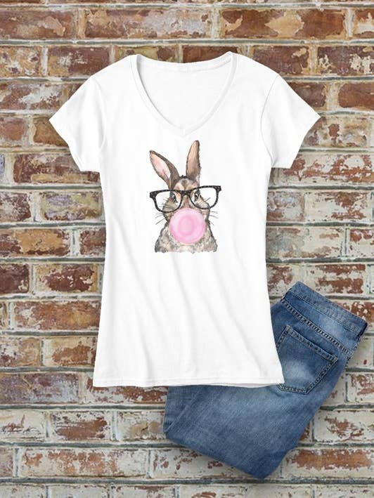 Cute Bunny with Glasses & Bubblegum, Easter, Women's Fitted V-Neck Soft Washed T-Shirt for wholesale by Top Avenue