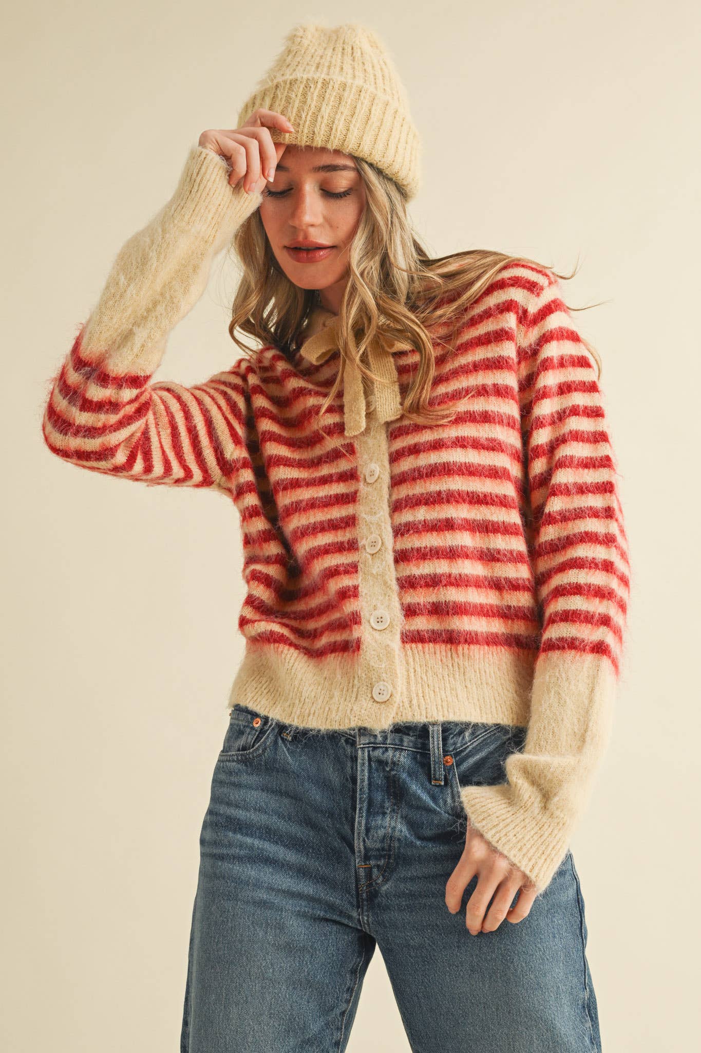&MERCI - Wholesale Cardigan - Women's - STRIPED HOODIE SWEATER CARDIGAN MSW1106325