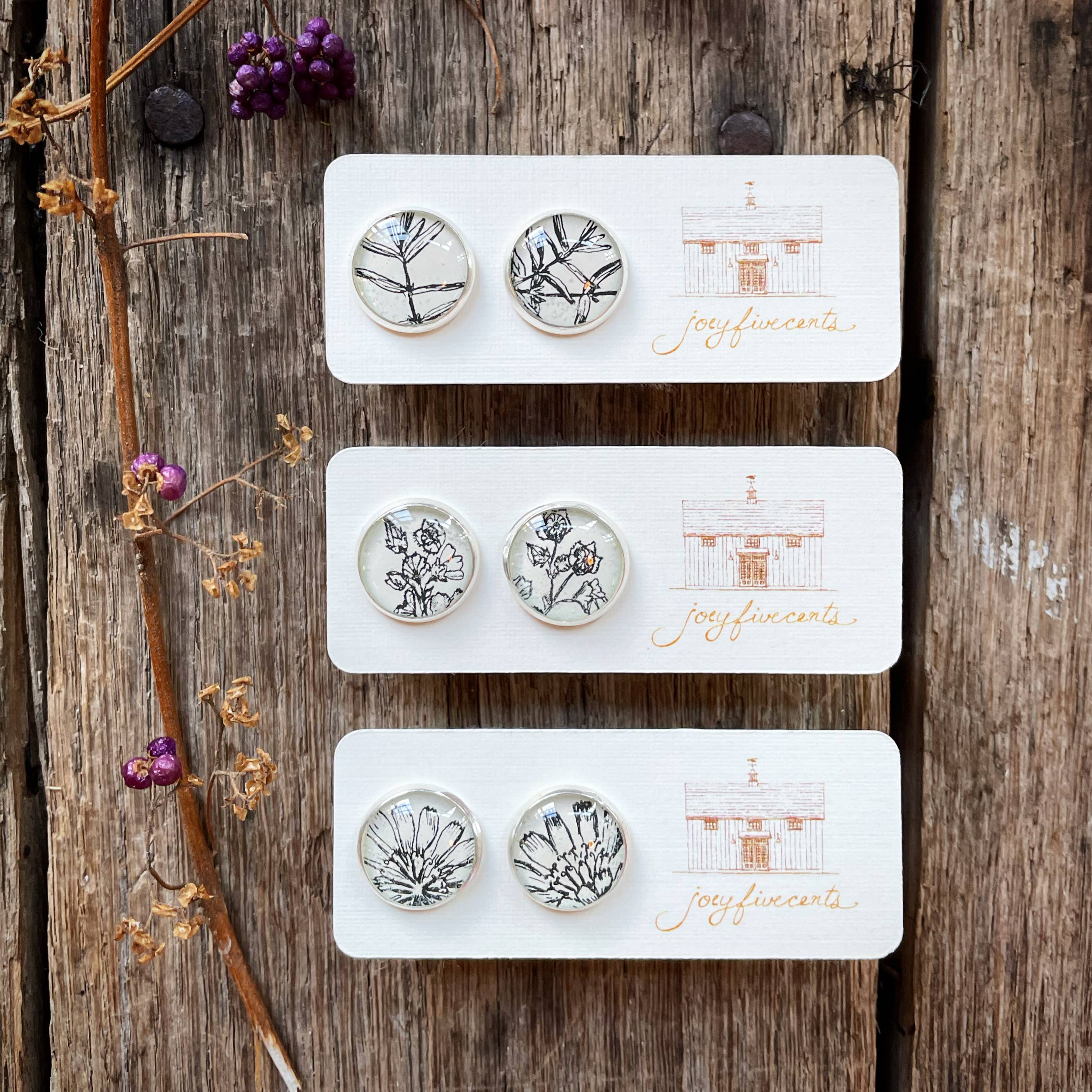 joeyfivecents - Wholesale Stud/Post Earrings - Studs - large, silver, black & white botanicals, garden6