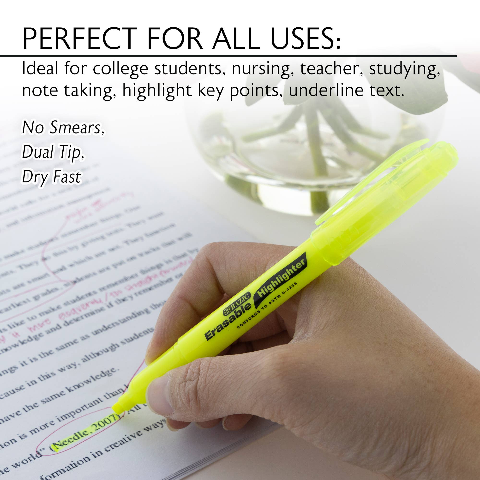 BAZIC Products - Vente Surligneurs - Surligneur effaçable jaune (3/paquet)2