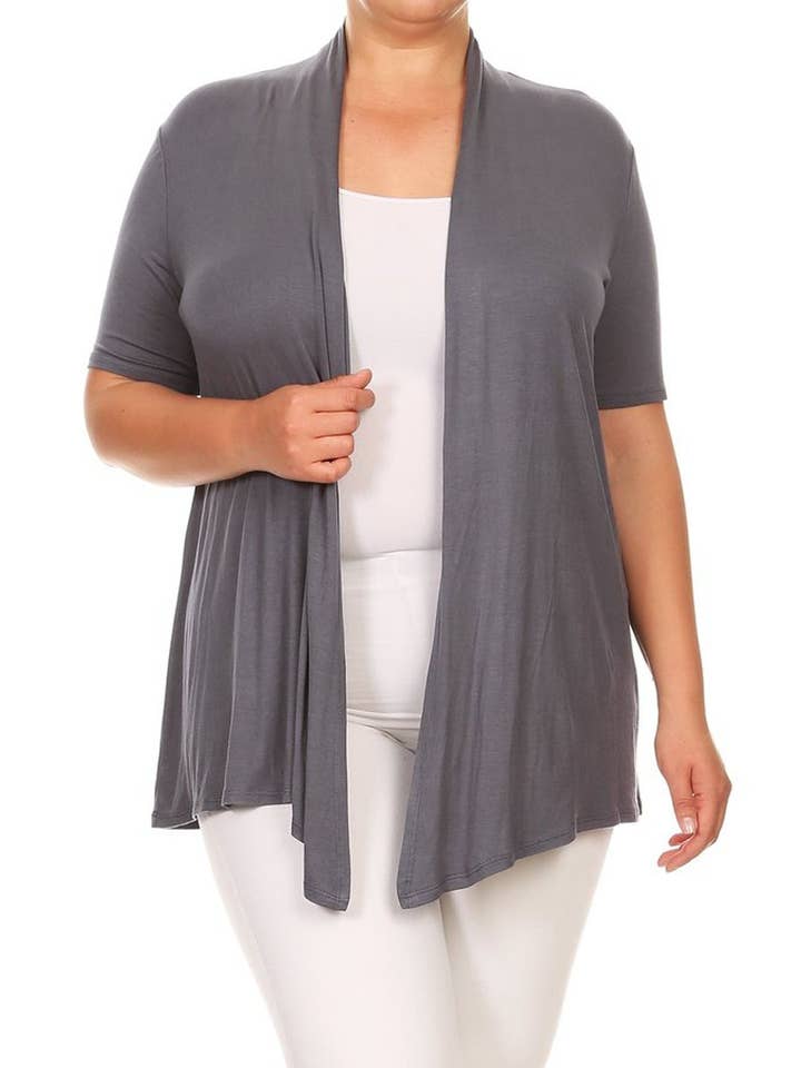 MOA COLLECTION - Wholesale Cardigan - Women's - Women's Plus Size Short Sleeves Draped Solid Cardigan7
