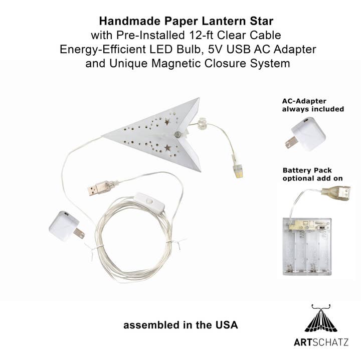 Artschatz LLC - Wholesale Paper Lantern/Lamp - Twinkle Star ~ 7 Pointer, 9", White Paper Star Lantern Light2