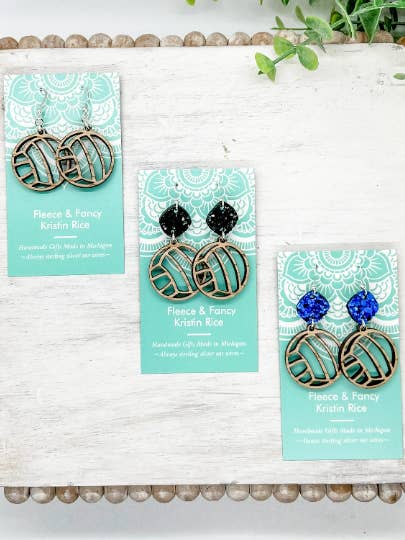 Laser Cut Volleyball Wood Earrings for wholesale by Fleece & Fancy