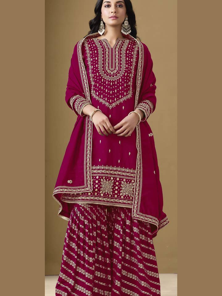 Traje Sharara de Seda de Arte Marrón Rojo Traje Gharara Pakistaní para Boda y Compromiso - Trabajo de Bordado para venta al por mayor de HATKE BRIDE