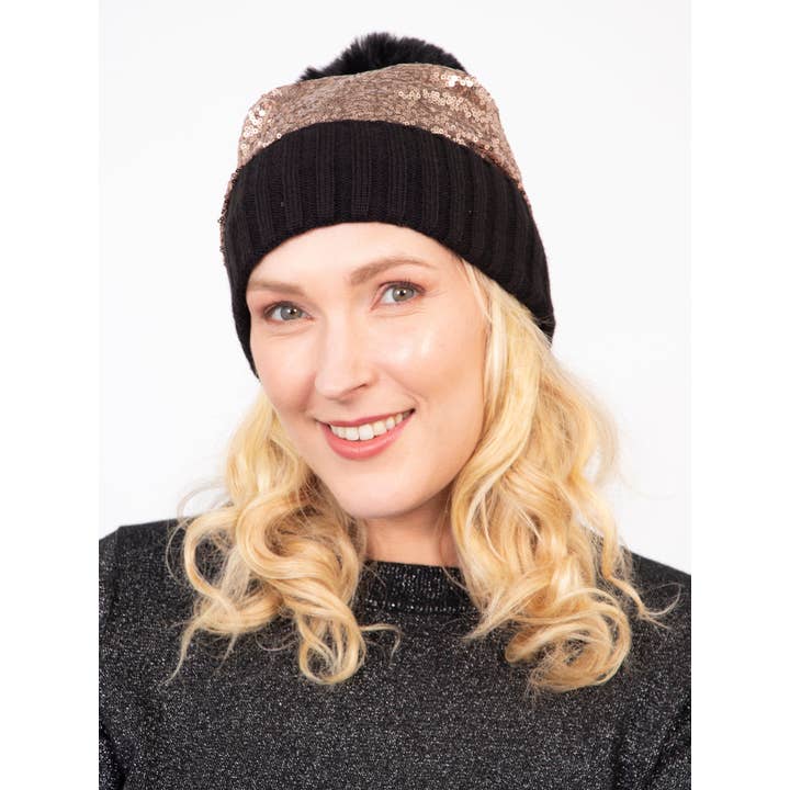 Sarta Accessories - Wholesale Beanie - Women's - Harper Pom Pom Hat - Bronze, Sequin