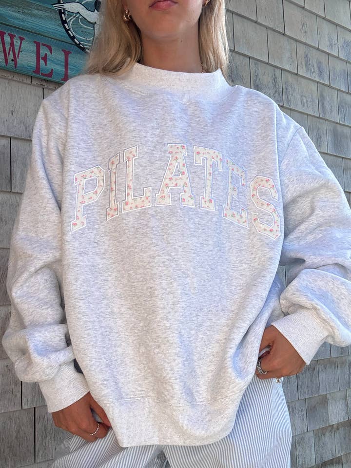 Pearl Grey Mockneck Pilates Embroider Sweatshirt for wholesale on Faire6