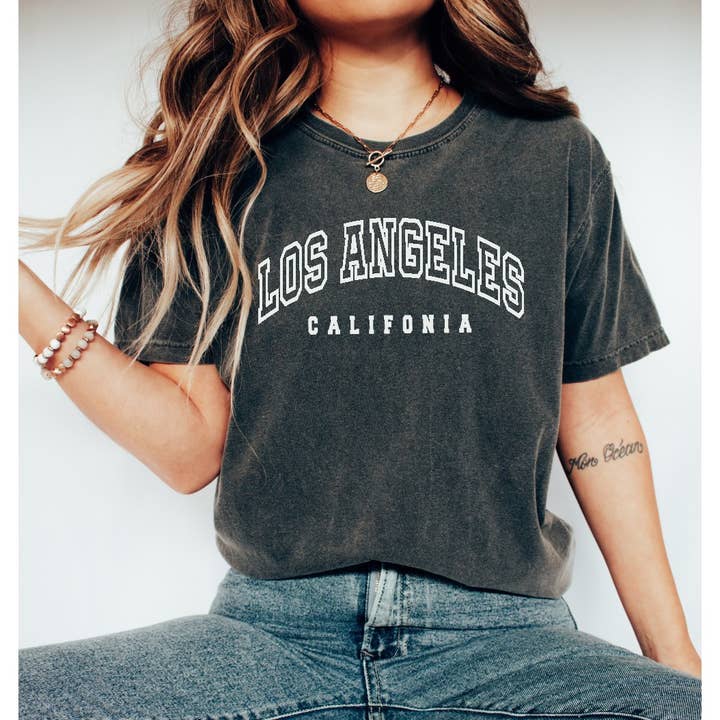 Shamaim - Wholesale Screen Printed T-Shirt - Women's - LOSANGELES CALIFORNIA Garment Dyed Graphic T-Shirt