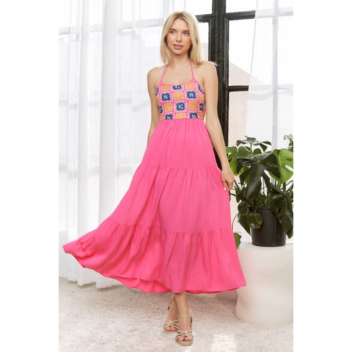 SOFT WOVEN COLOR BLOCK HULTER NECK TIERED MAXI DRESS for wholesale by Sweet Generis