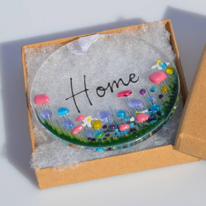Handmade Fused Glass Hanging Decoration - 'Home' for wholesale by Pam Peters Designs