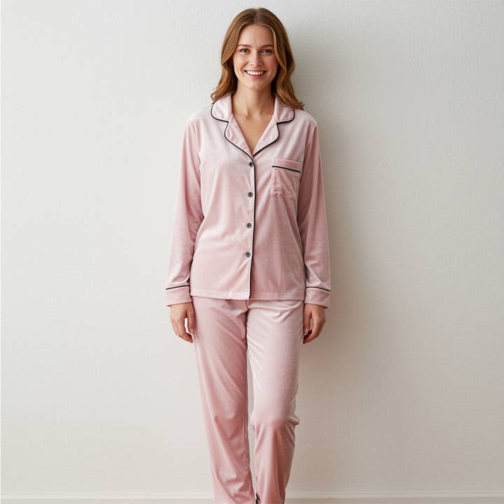 The Blissful - Wholesale Sleepwear set – Women's - Women’s Velvet Pjs Set Long Sleeve Button-Up Top & Full Pant1