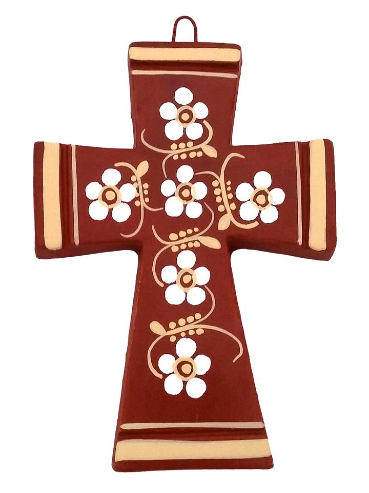 Cruz de terracota con flores, pintada a mano para venta al por mayor de Sedona Spirit