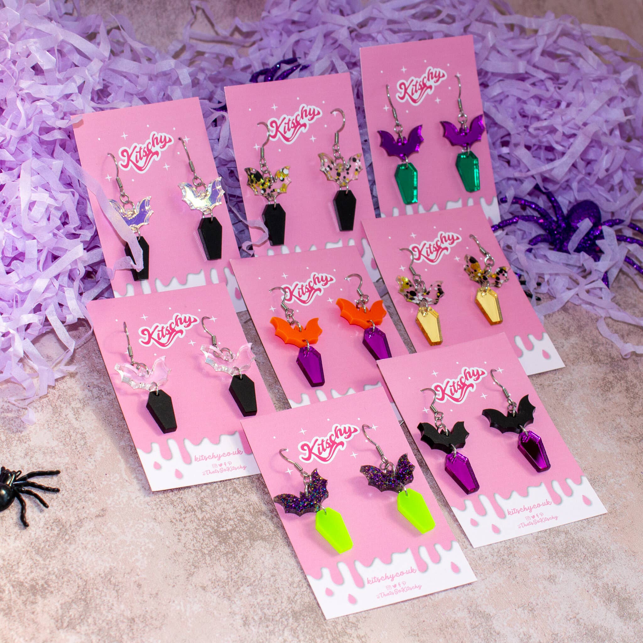 Kitschy - Wholesale Dangle Earrings - Coffin Bat Earrings Halloween Laser Cut Acrylic1
