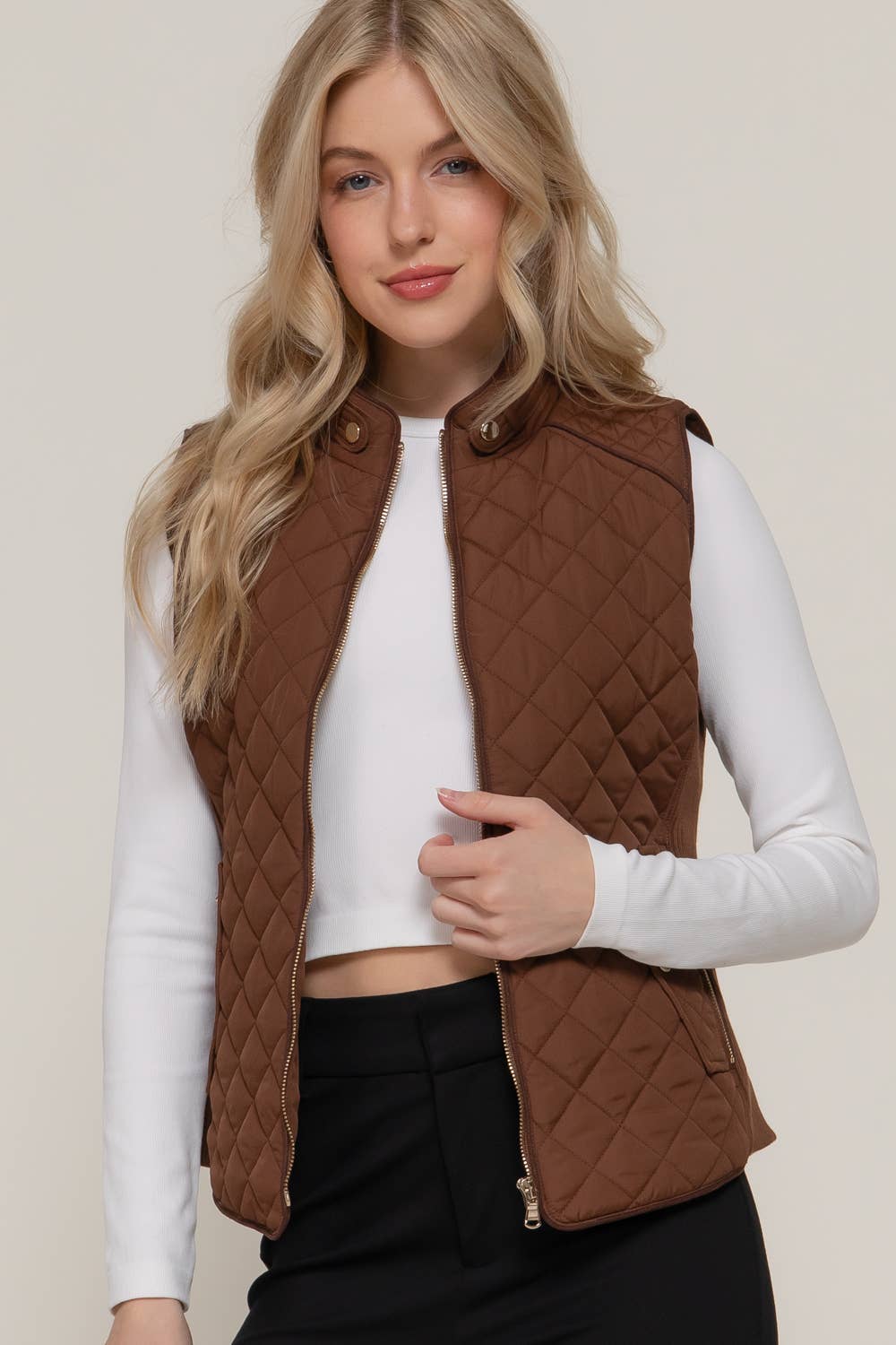 Active Basic | Active USA - Wholesale Outerwear Vest - Women's - Suede Piping Detail Rib Quilted Padding Vest10