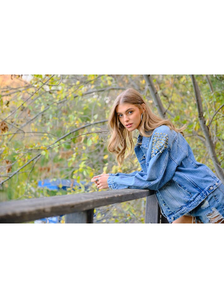 22498J - Shoulder Studded Denim Jacket for wholesale on Faire